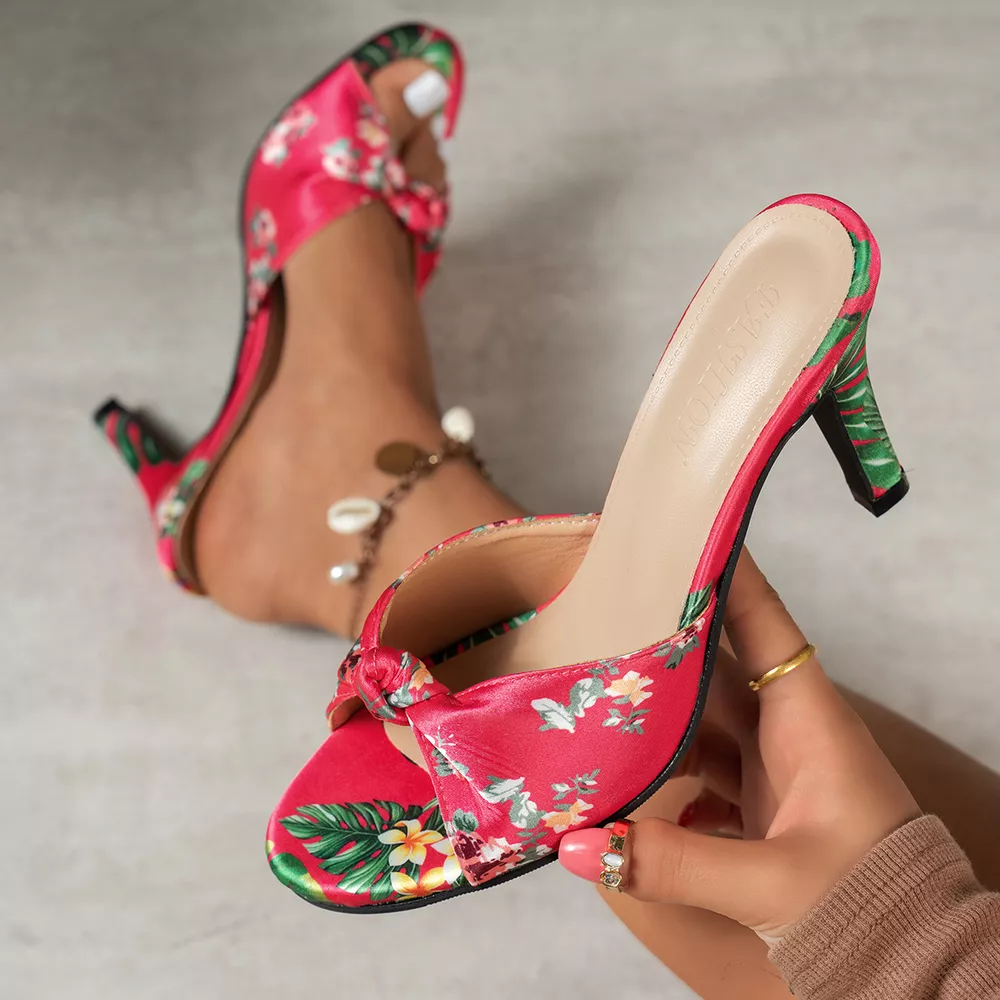 Floral Print Knot Decor Kitten Heel Sandals, image 6