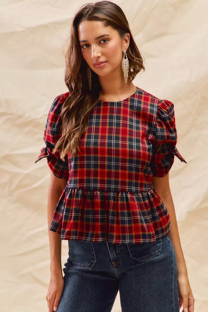 Christmas Holiday Plaid Ribbon Short Sleeves Top, image 9