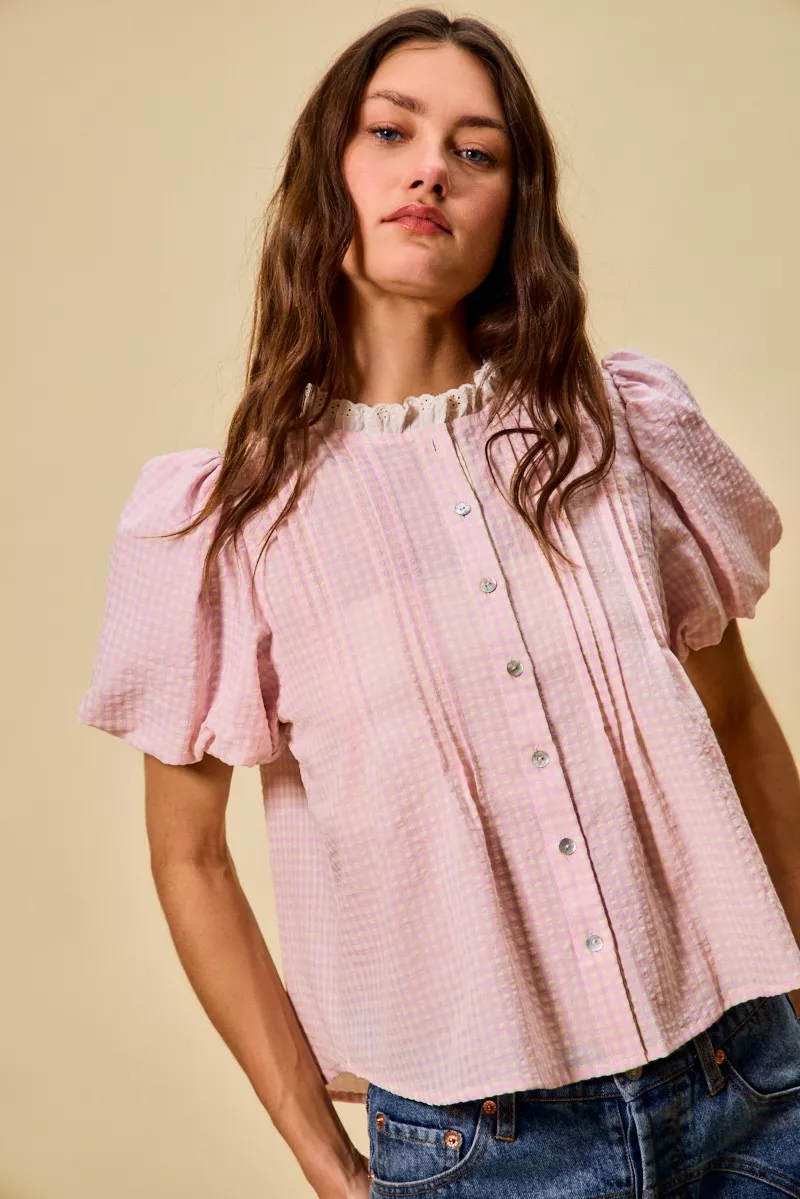 Gingham Lace Trim Button Bubble Sleeves Blouse, image 16