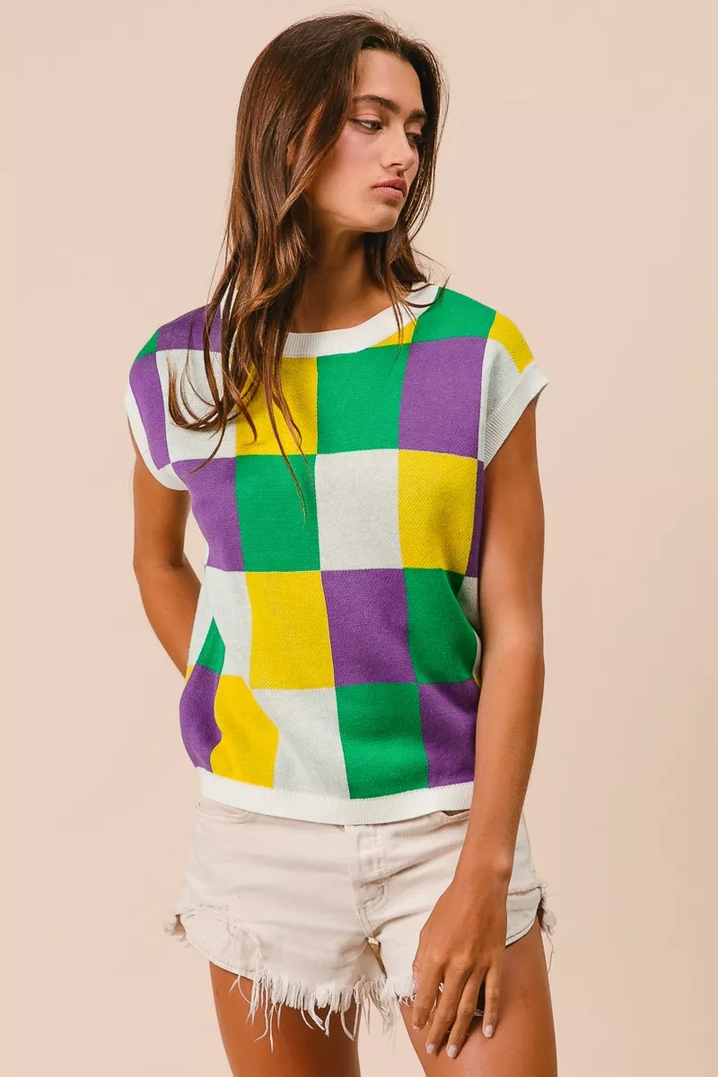 Mardi Gras Checker Pattern Sleeveless Sweater Top, image 6