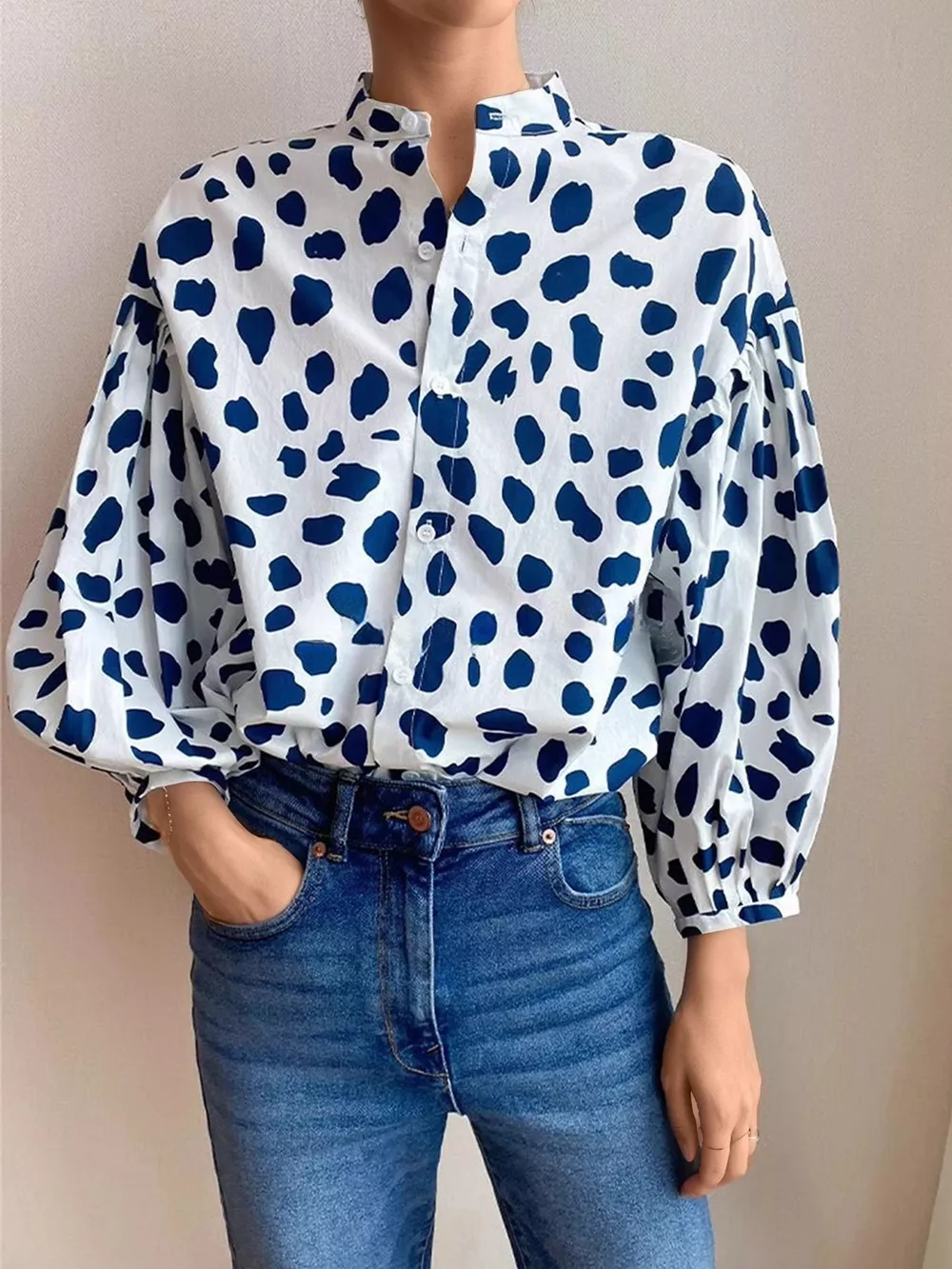 Printed Puff Sleeve Button-Down Shirt, image 2