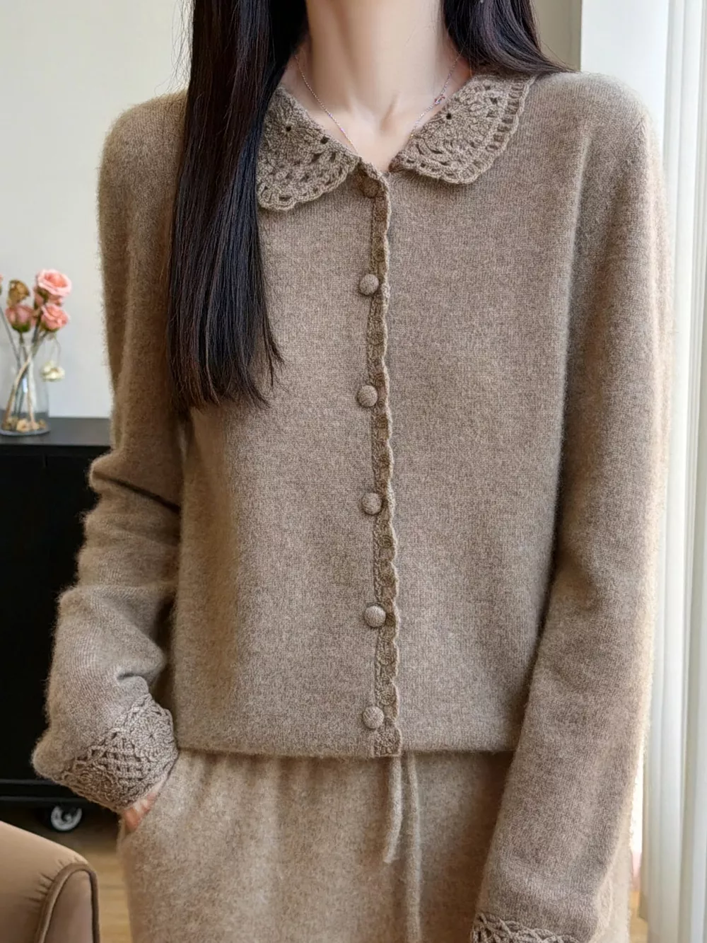 Lace-Collar Button Down Knit Cardigan, image 9