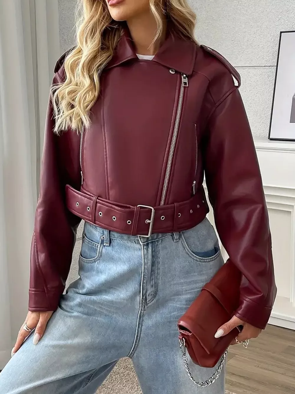 Full Size Faux Leather Zip Up Jacket Plus Size, image 7