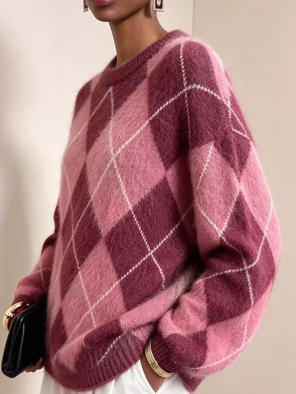 Argyle Pattern Fuzzy Knit Sweater, image 10