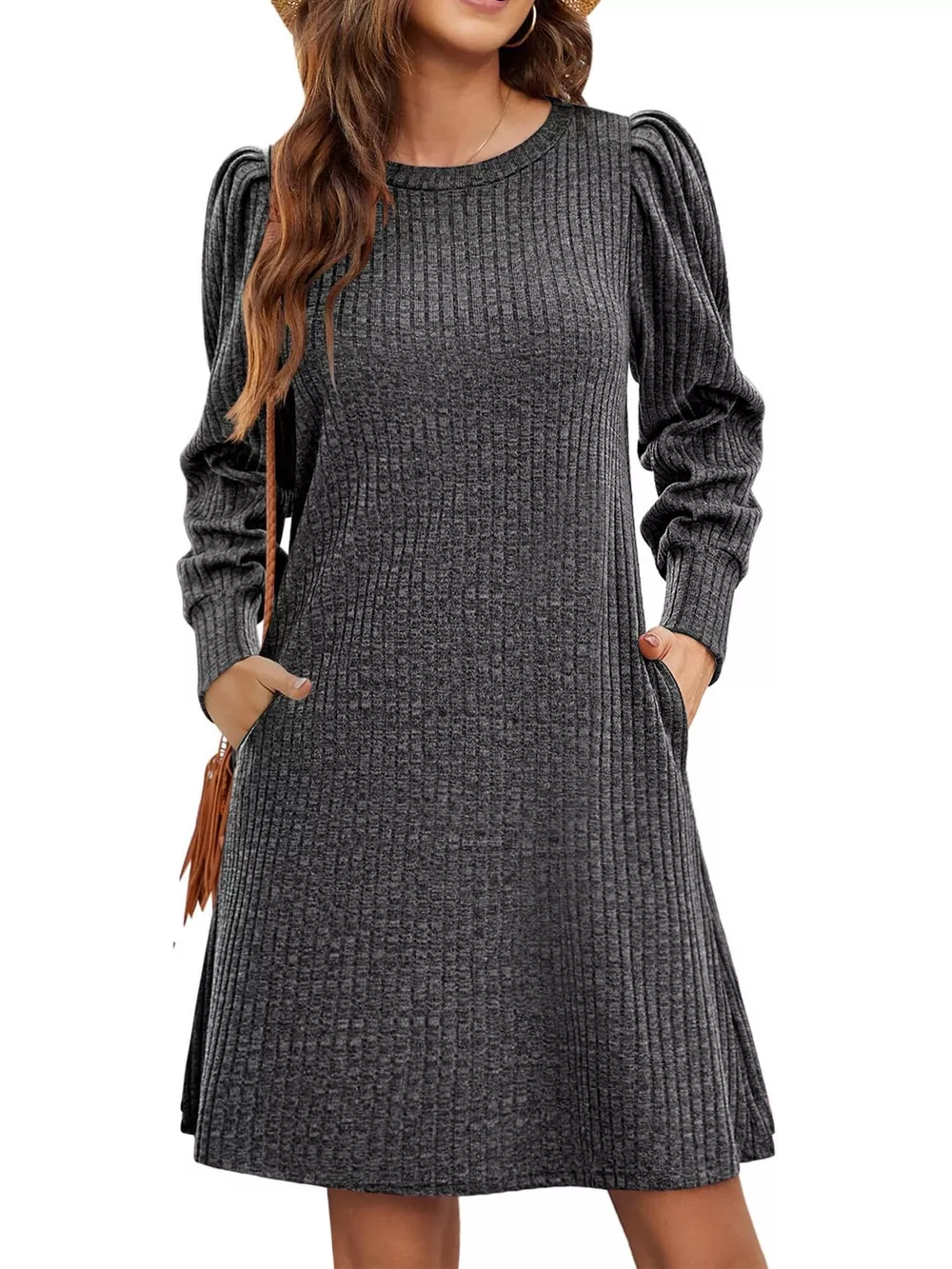 Puff Sleeve Ribbed Knit Dress with Pockets