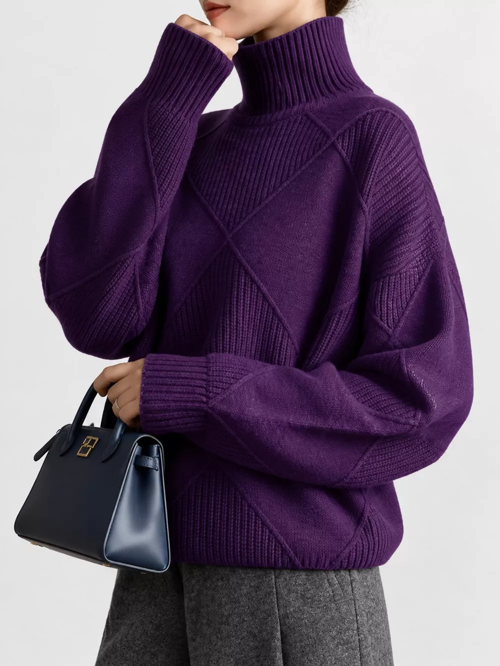 Full Size Diamond Pattern Turtleneck Sweater Plus Size, image 80