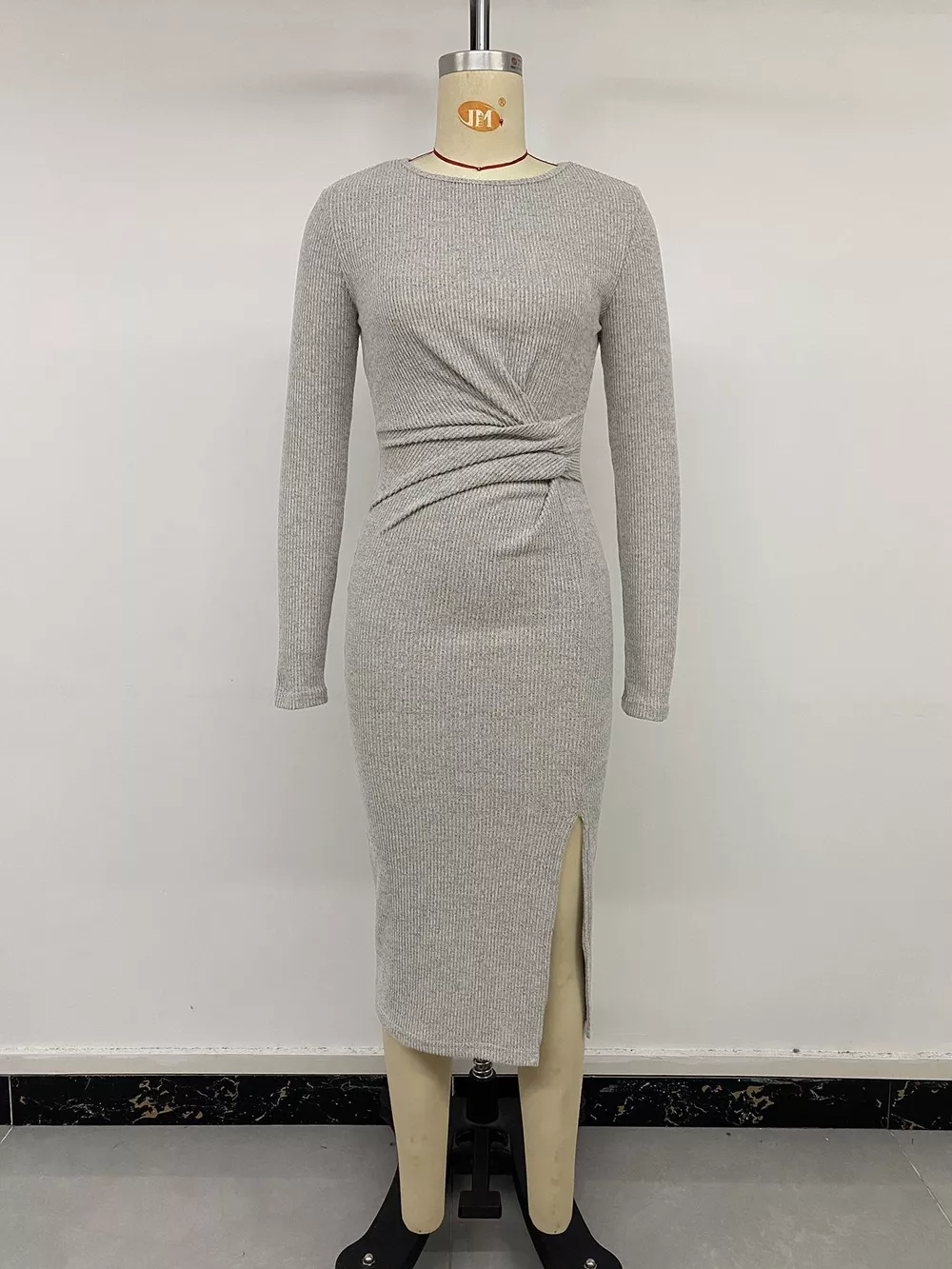 Ribbed Knit Twist Front Long Sleeve Midi Dress with Slit, image 6
