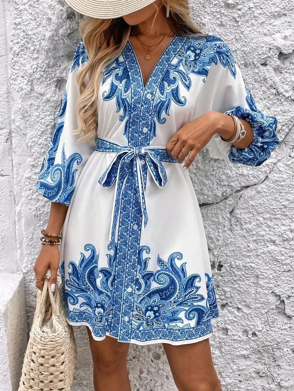 Paisley V-Neck 3/4 Sleeve Mini Dress, image 18