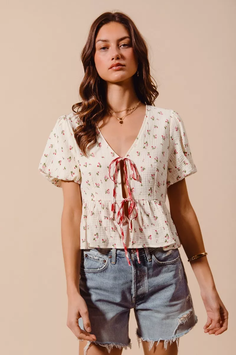 Ditsy Floral Print Gauze Tie-Front Blouse, image 11