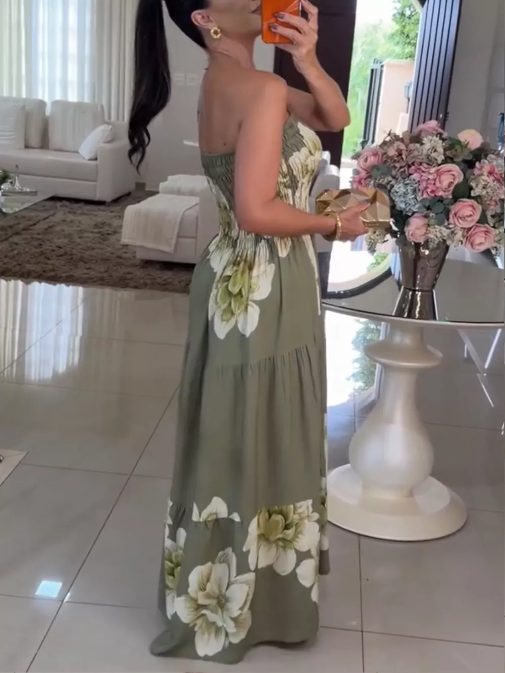 Floral Smocked Strapless Maxi Dress, image 4