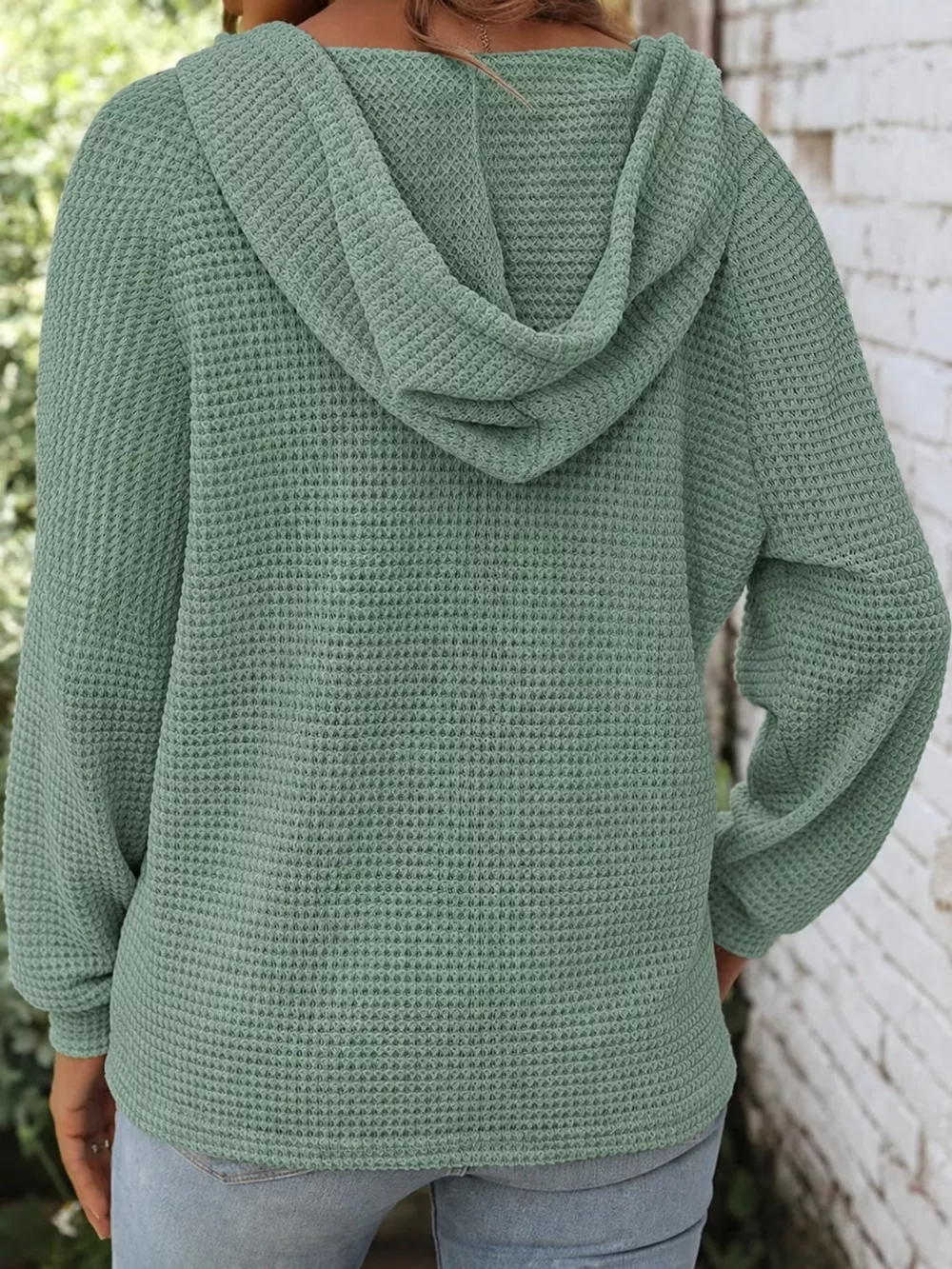 Full Size Waffle Knit Button Detail Hoodie Plus Size, image 57