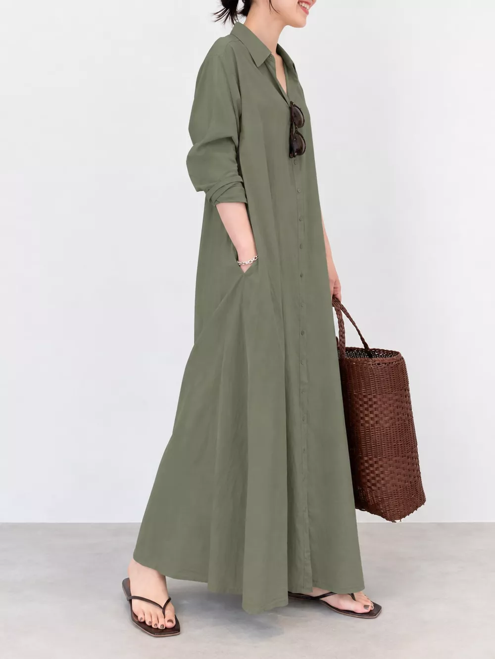 Full Size Button Front Long Sleeve Maxi Shirt Dress Plus Size, image 49