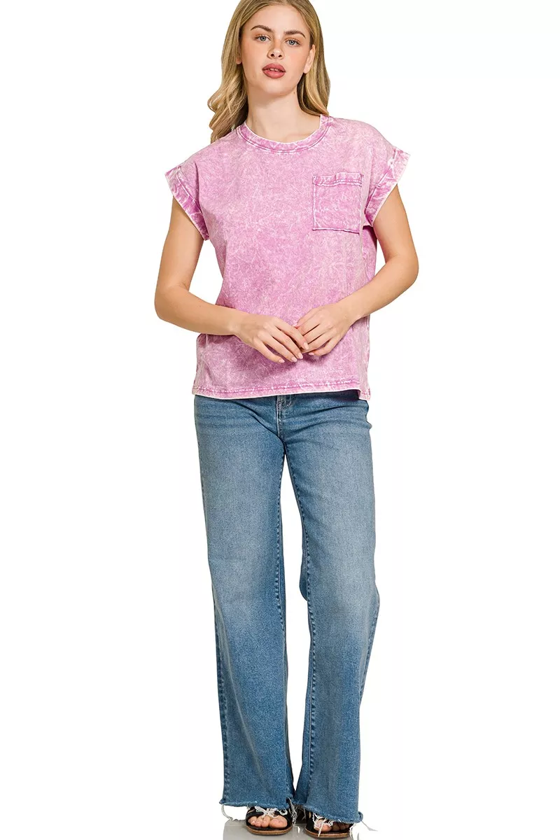 Full Size Crinkle Washed Round Neck Folded Short Sleeve Tee Plus Size, image 3