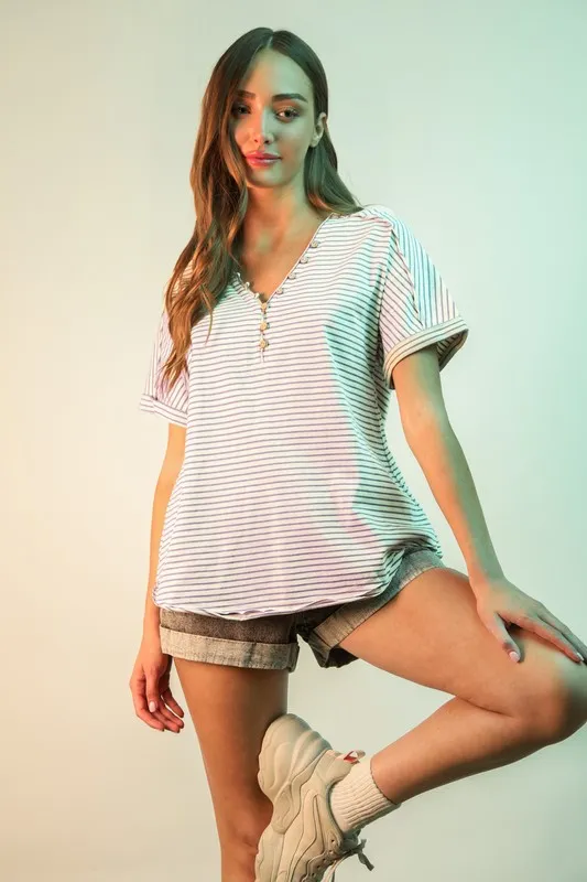 Striped V-Neck Short Sleeve T-Shirt, image 4