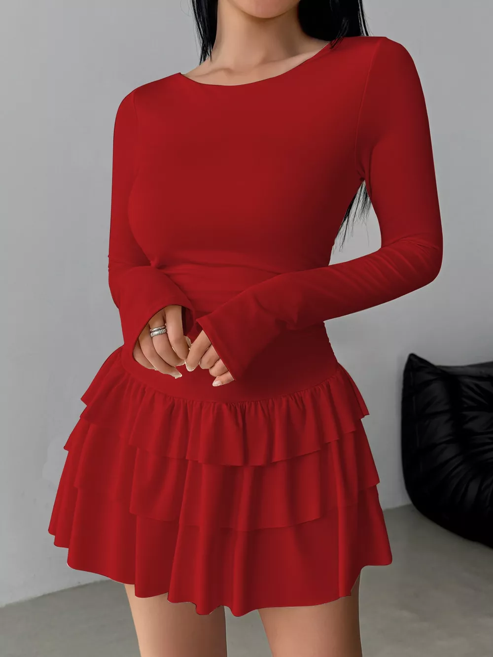 Layered Ruffle Long Sleeve Mini Dress, image 19