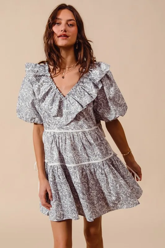 Cotton Printed Ruffle V Neckline Dress with Side Tie