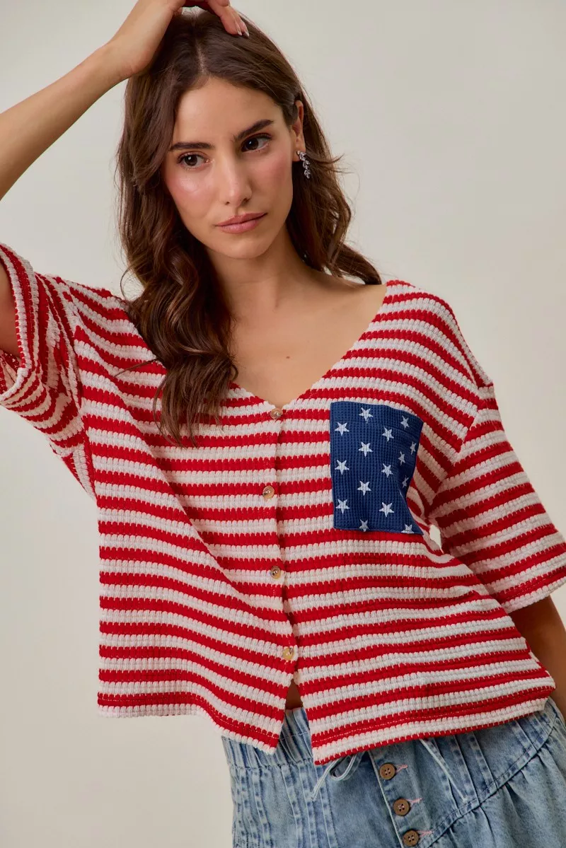 Stripe Waffle Knit Fourth Of July Cardigan Top, image 15