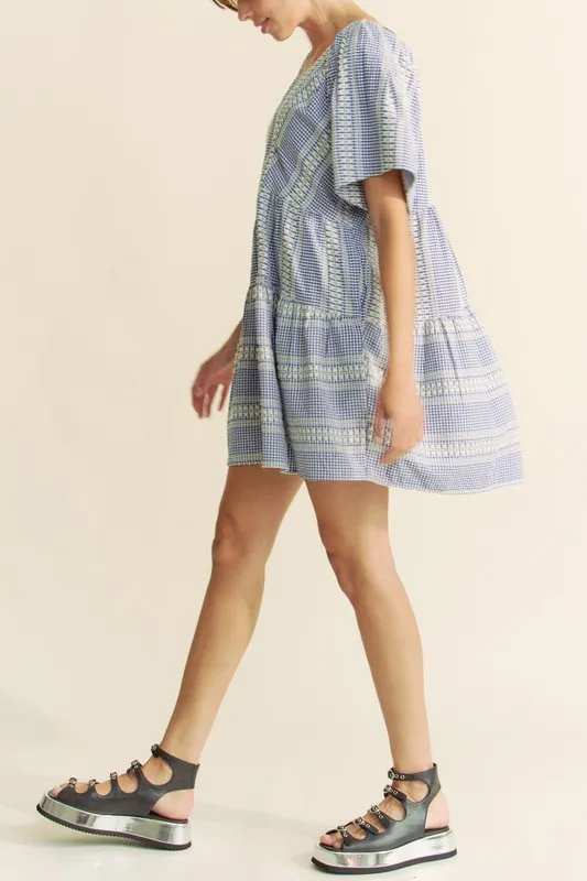 Embroidered Stripe Ruffled Gingham Mini Dress, image 10