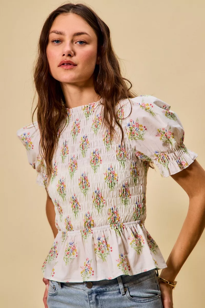 Floral Cotton Smocked Short Sleeves Blouse, image 14