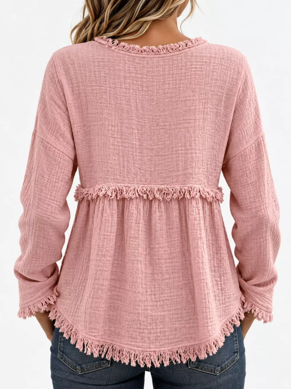 Full Size Frayed Hem Textured Blouse Plus Size, image 16