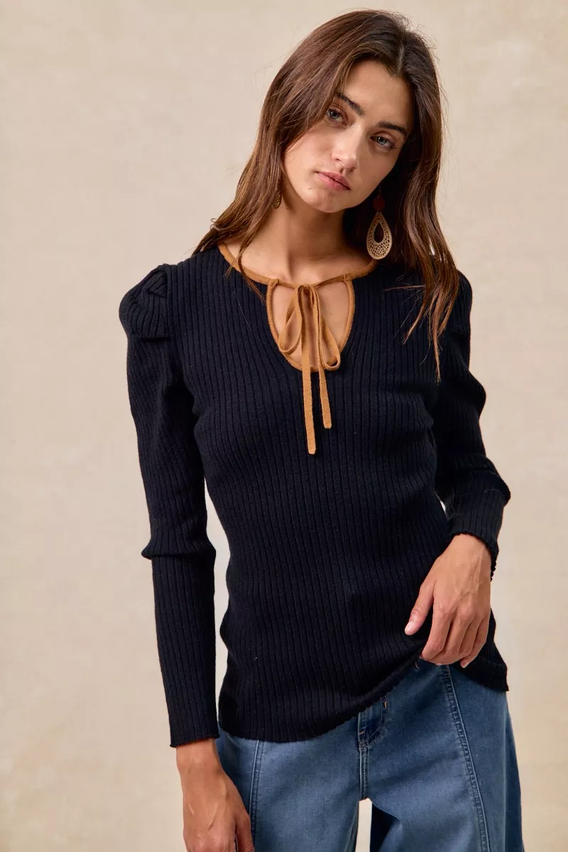 Ribbed Contrast Front Tied Top with Shrried, image 15