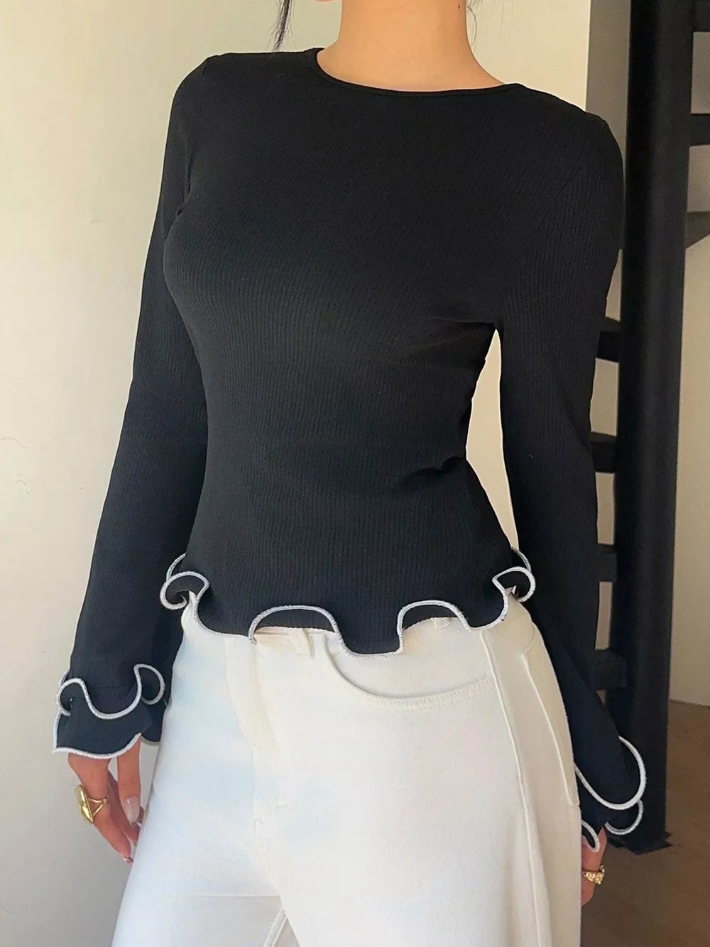 Lettuce Hem Tie Back Long Sleeve T-Shirt, image 4