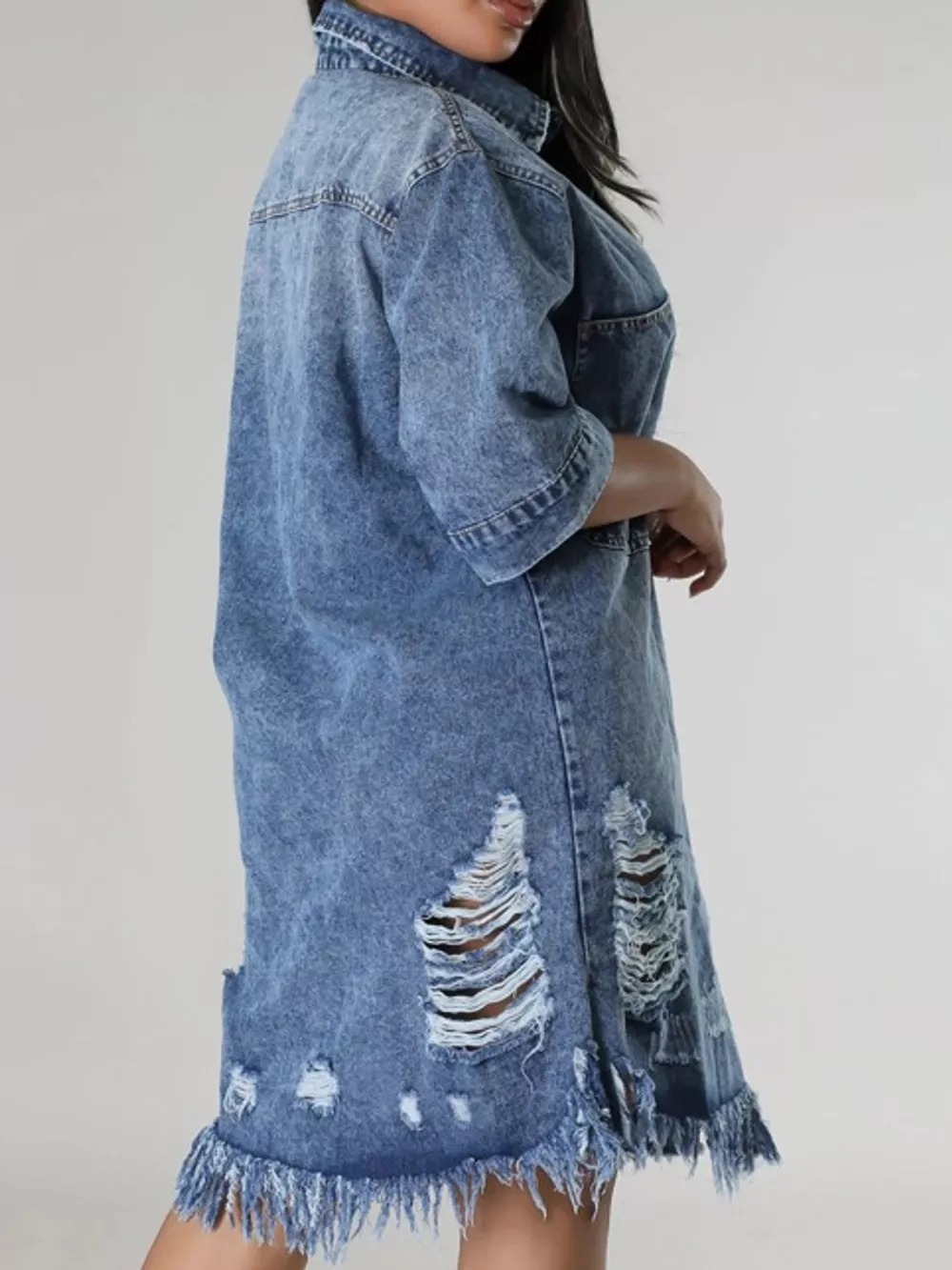 Plus Size Distressed Frayed Hem Button-Down Denim Dress, image 6