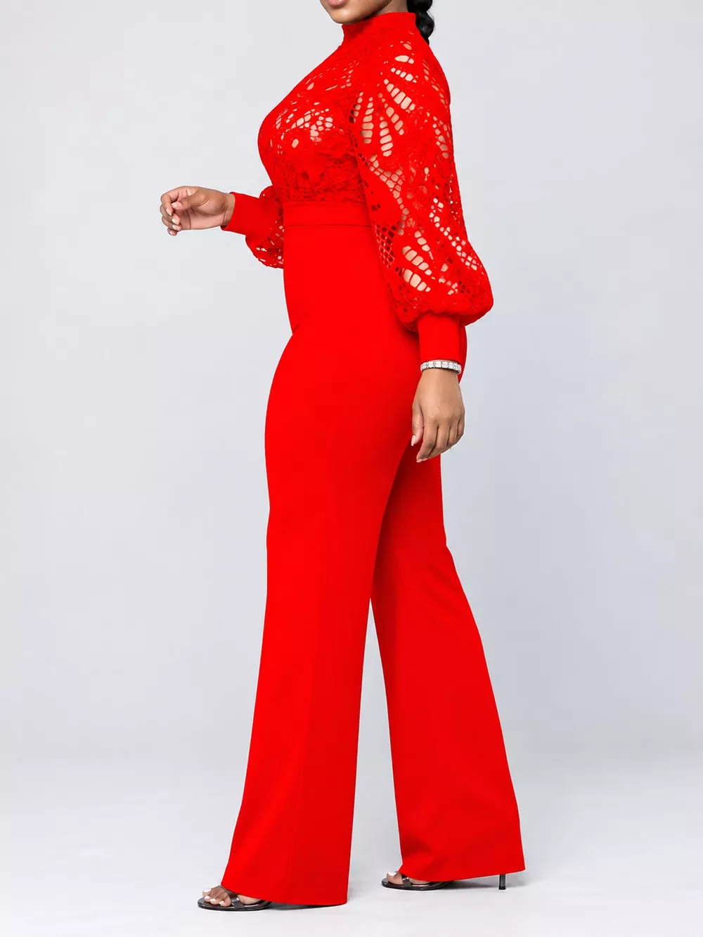 Full Size Lace Lantern Sleeve Flare Jumpsuit Plus Size, image 8