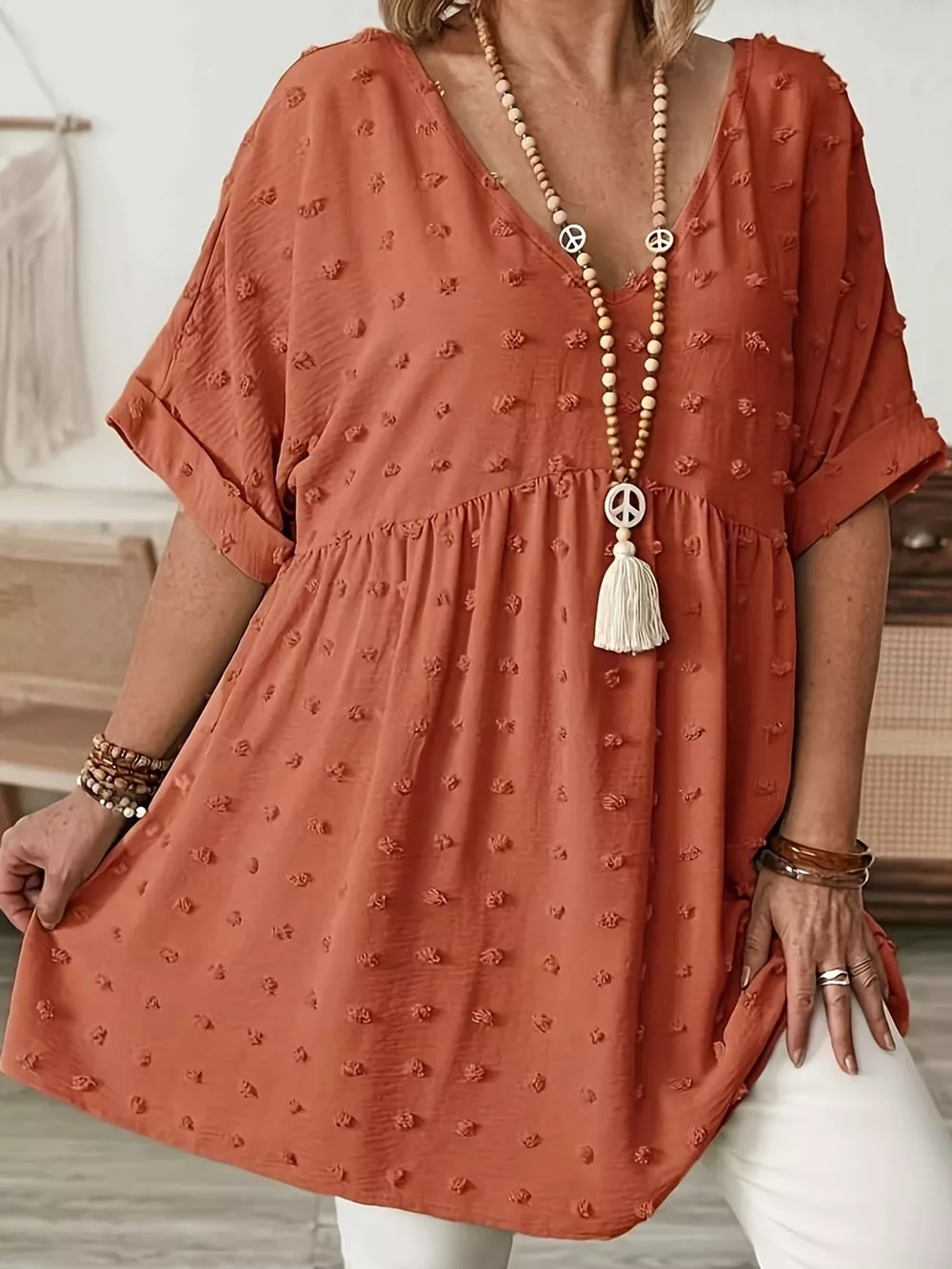 Plus Size Swiss Dot V-Neck Casual Blouse, image 51