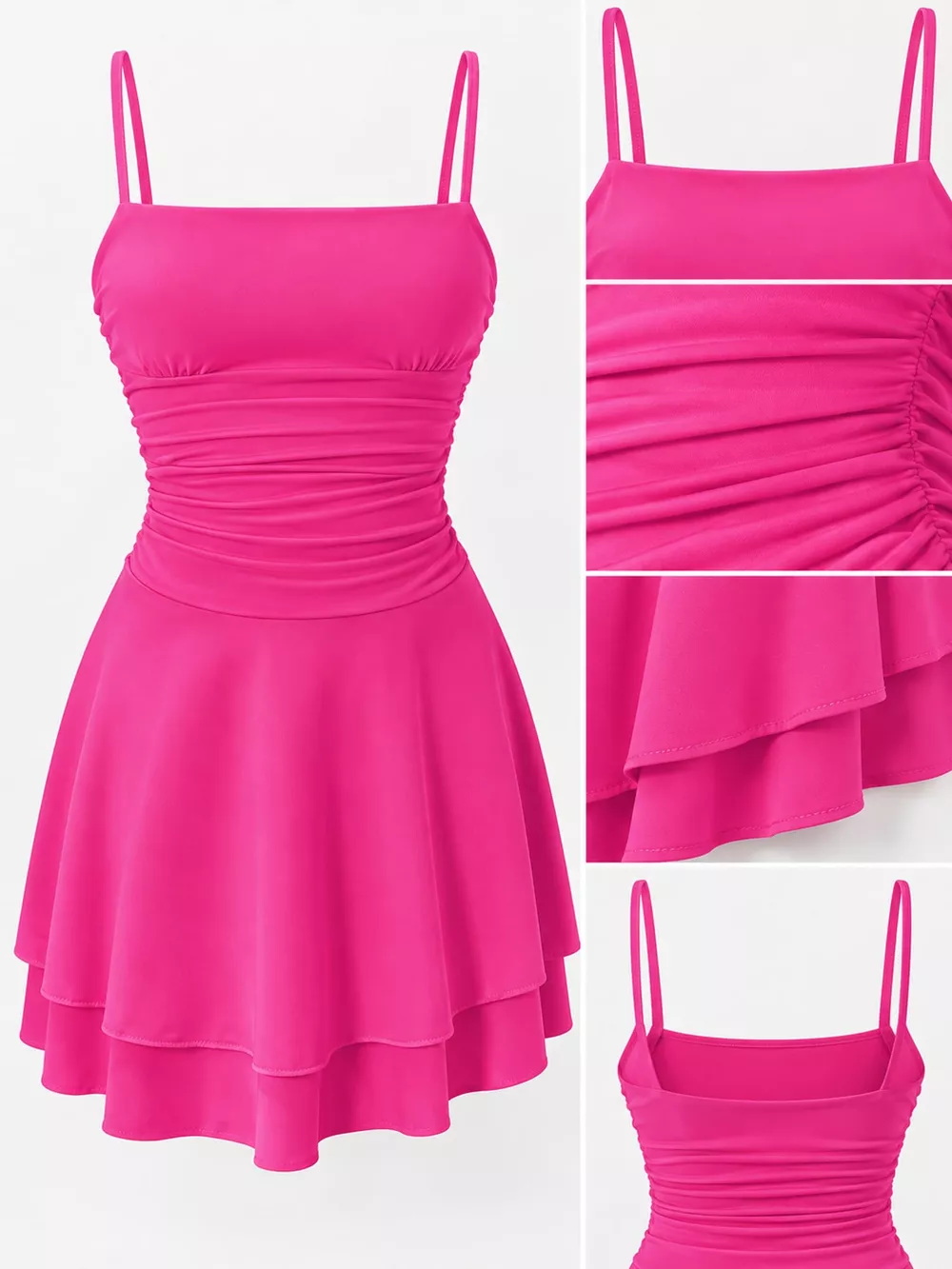 Ruched Spaghetti Strap Layered Mini Dress, image 67