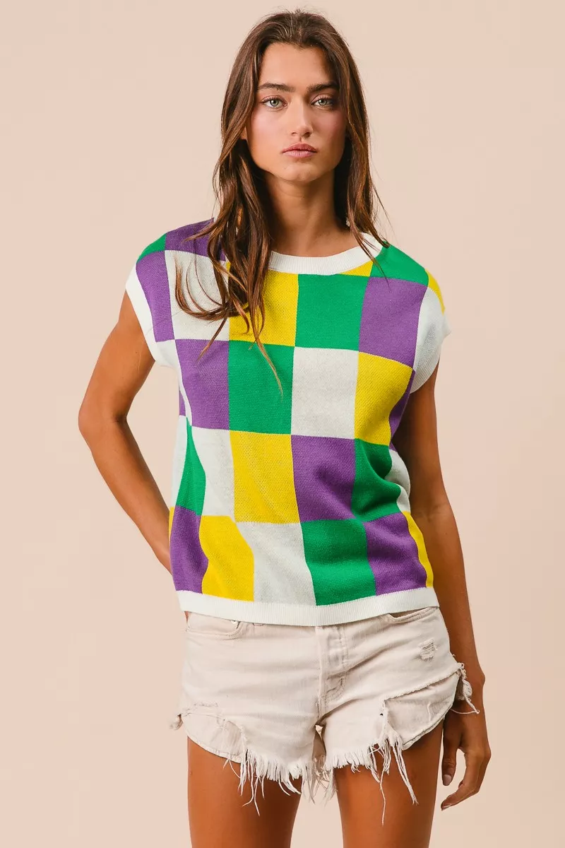 Mardi Gras Checker Pattern Sleeveless Sweater Top, image 18