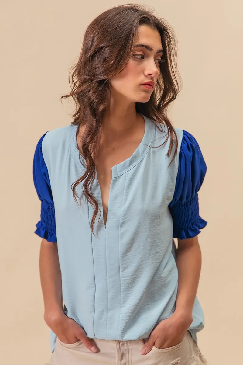 Air Flow Color Block Puff Sleeves V Neck Top, image 9