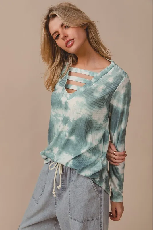 Variegated Tie Dye Rib V-Neck Top with Strapped, image 2