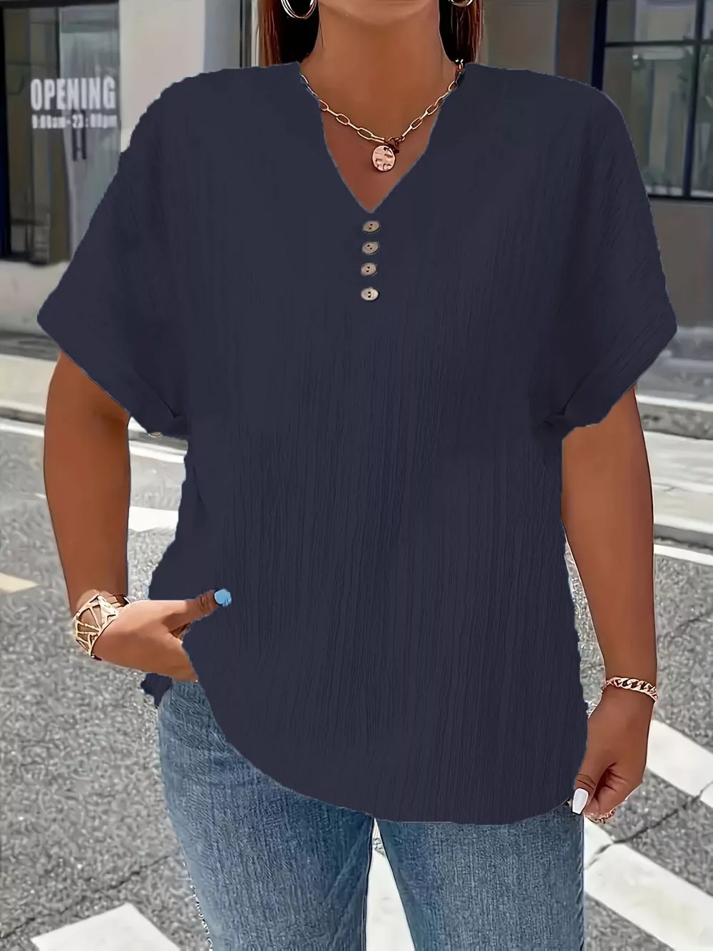 Plus Size Notched Short Sleeve Textured Top, image 21