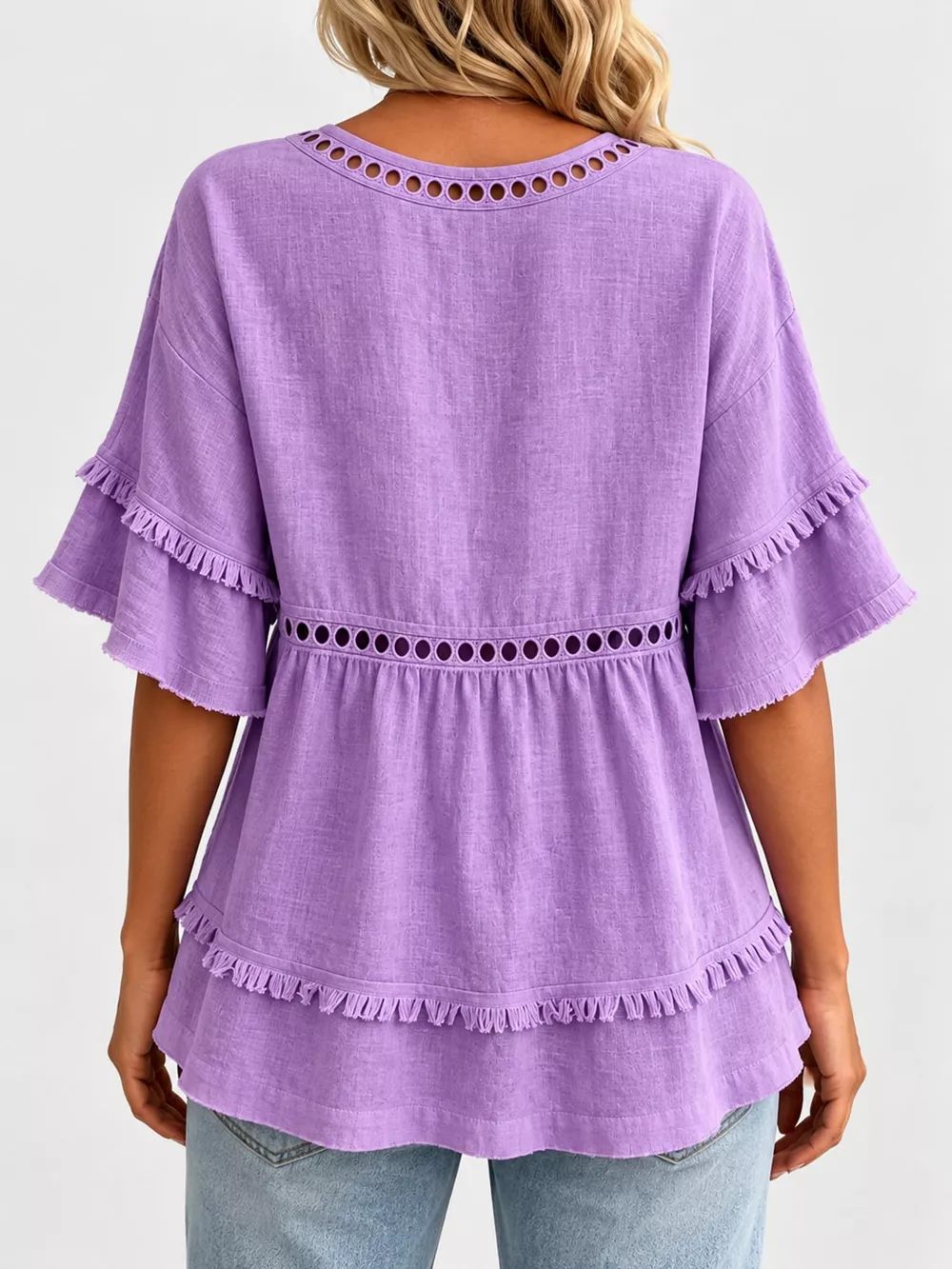 Full Size Frayed Hem V-Neck Blouse Plus Size, image 16
