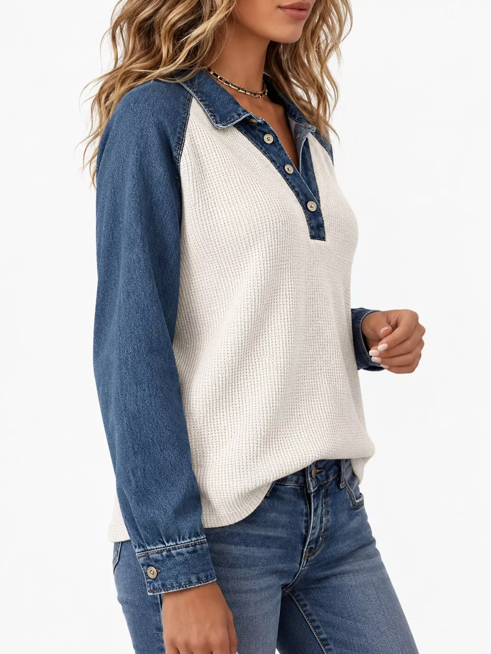 Full Size Waffle Knit Denim Patchwork Button Detail Blouse Plus Size, image 2