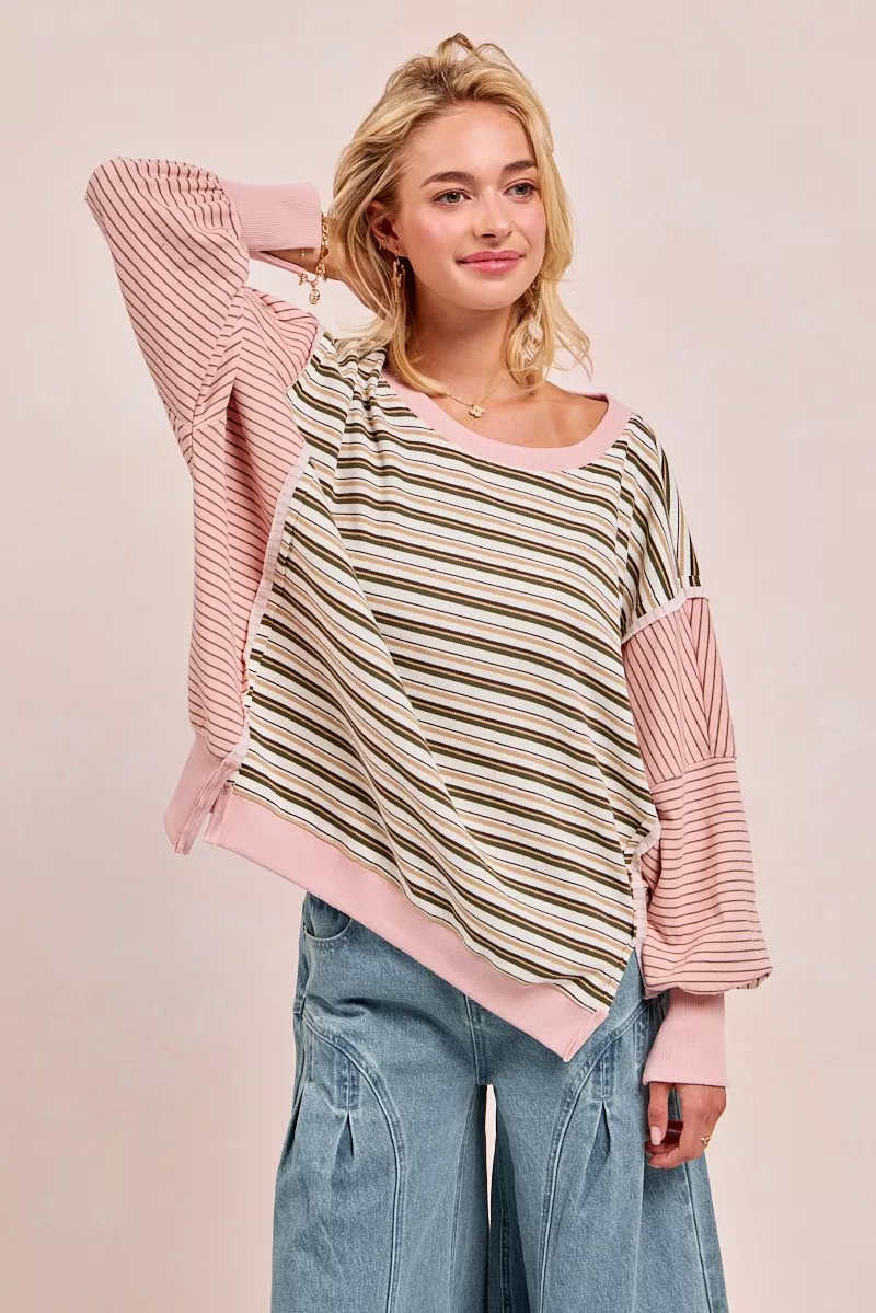 Stripe Mixed Top With Cut Edge And Reverse Outseam, image 12