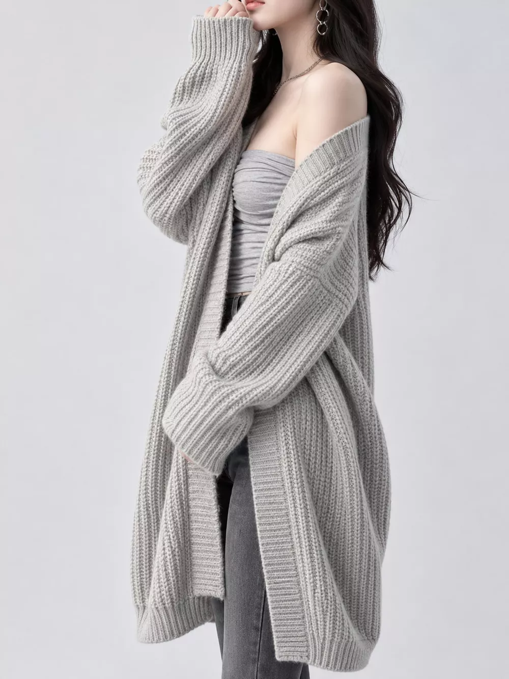 Full Size Chunky Knit Openwork Front Longline Cardigan Plus Size, image 55