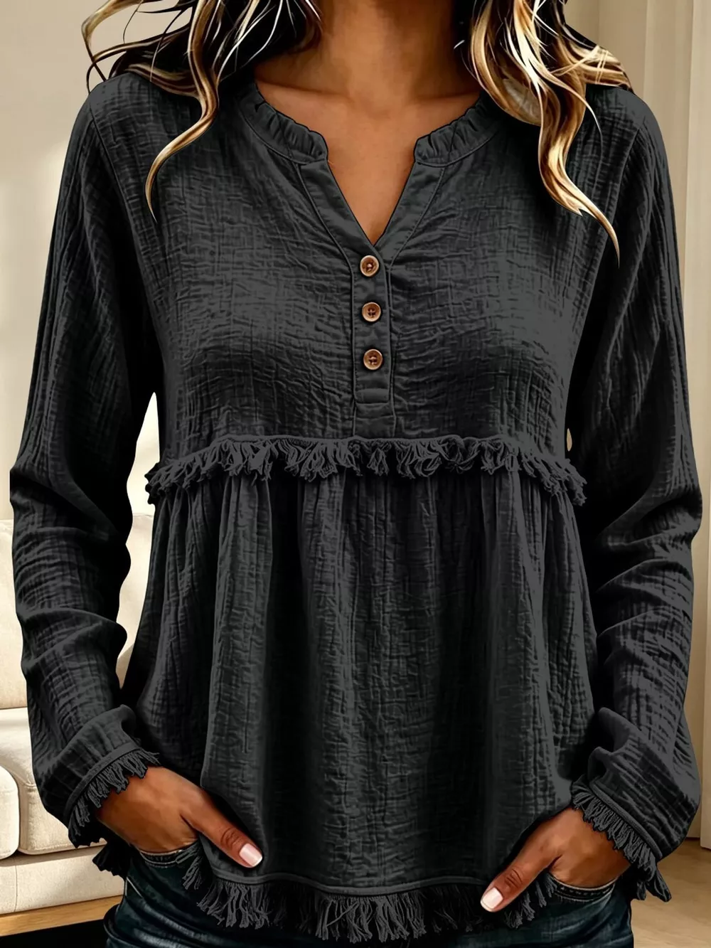 Full Size Frayed Hem Button Detail Blouse Plus Size, image 6