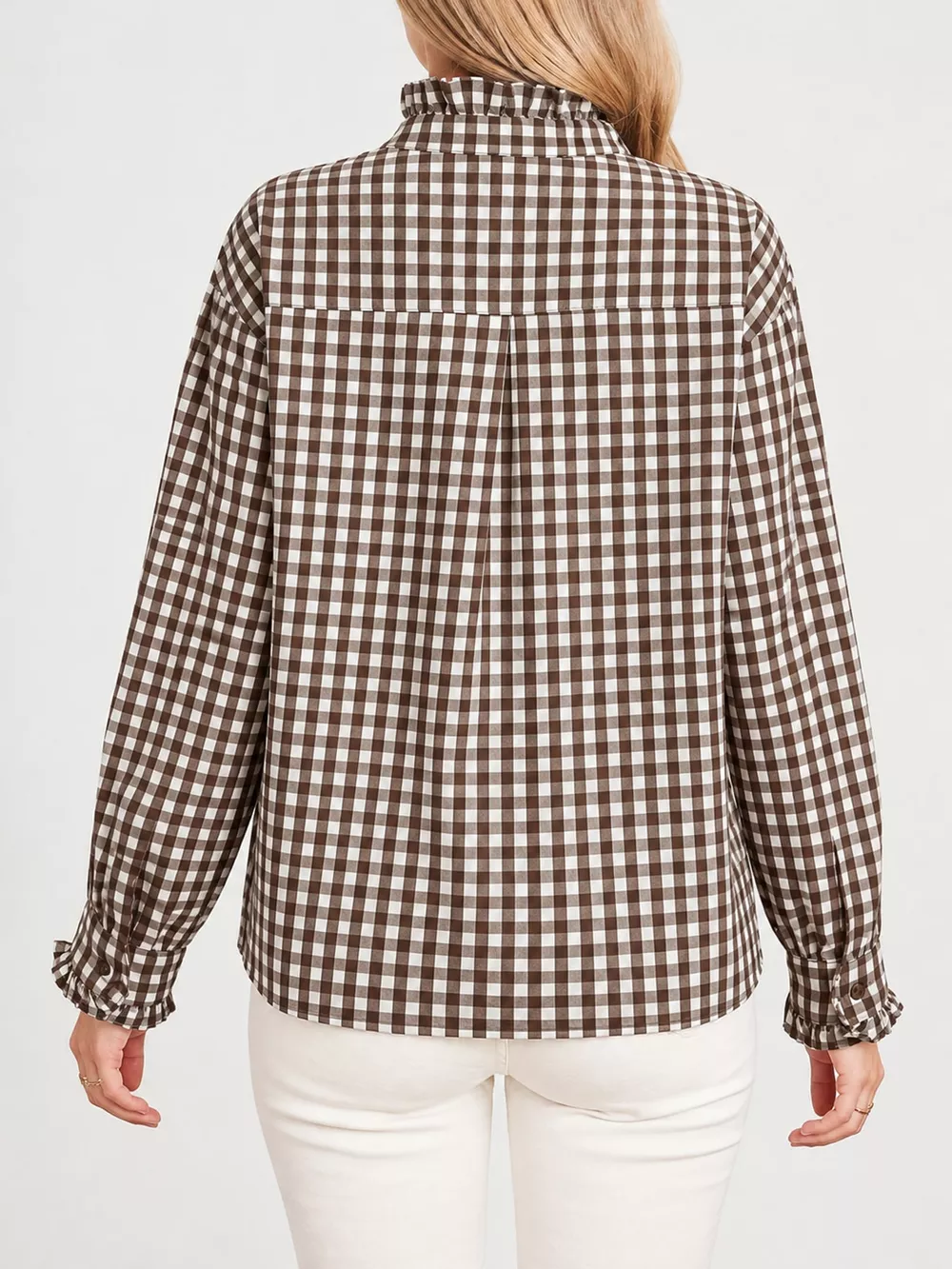 Gingham Ruffle Trim Stand Collar Shirt, image 20