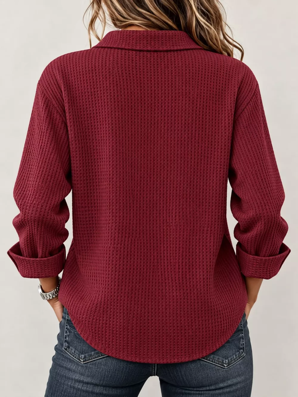 Full Size Waffle Knit Long Sleeve Polo Top Plus Size, image 15