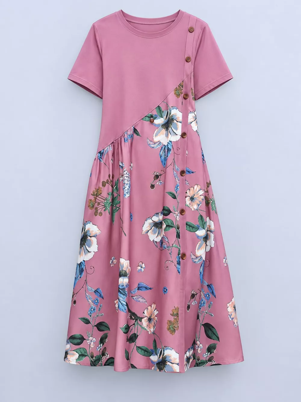 Plus Size Floral Print A-Line Midi Dress with Asymmetric Button Detail, image 10