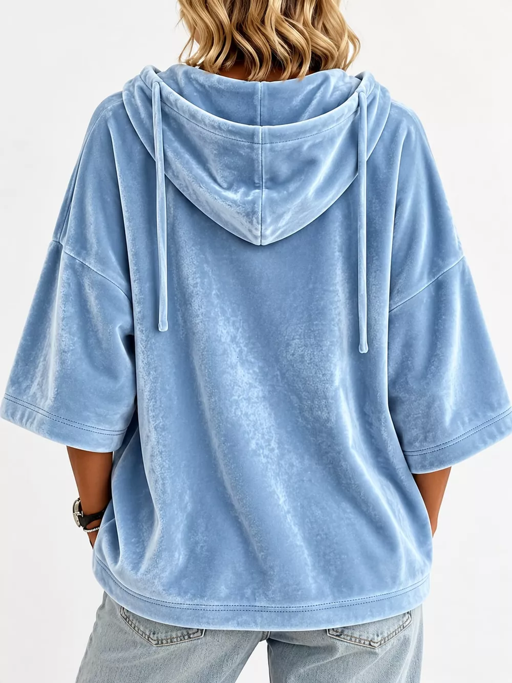 Full Size Velvet Half Sleeve Hoodie with Drawstring Plus Size, image 8
