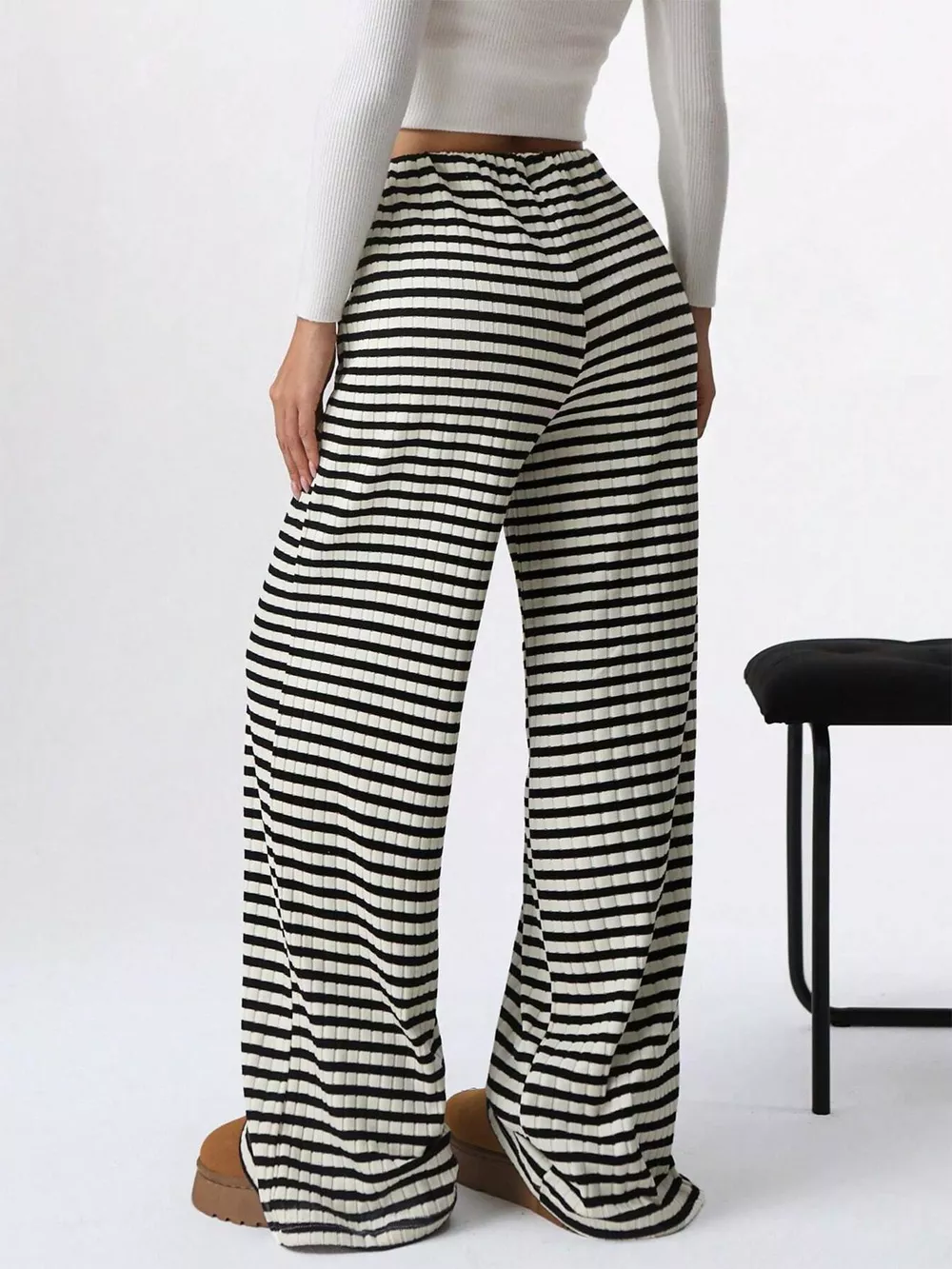 Striped Ribbed Knit Drawstring Waist Wide Leg Pants, image 11