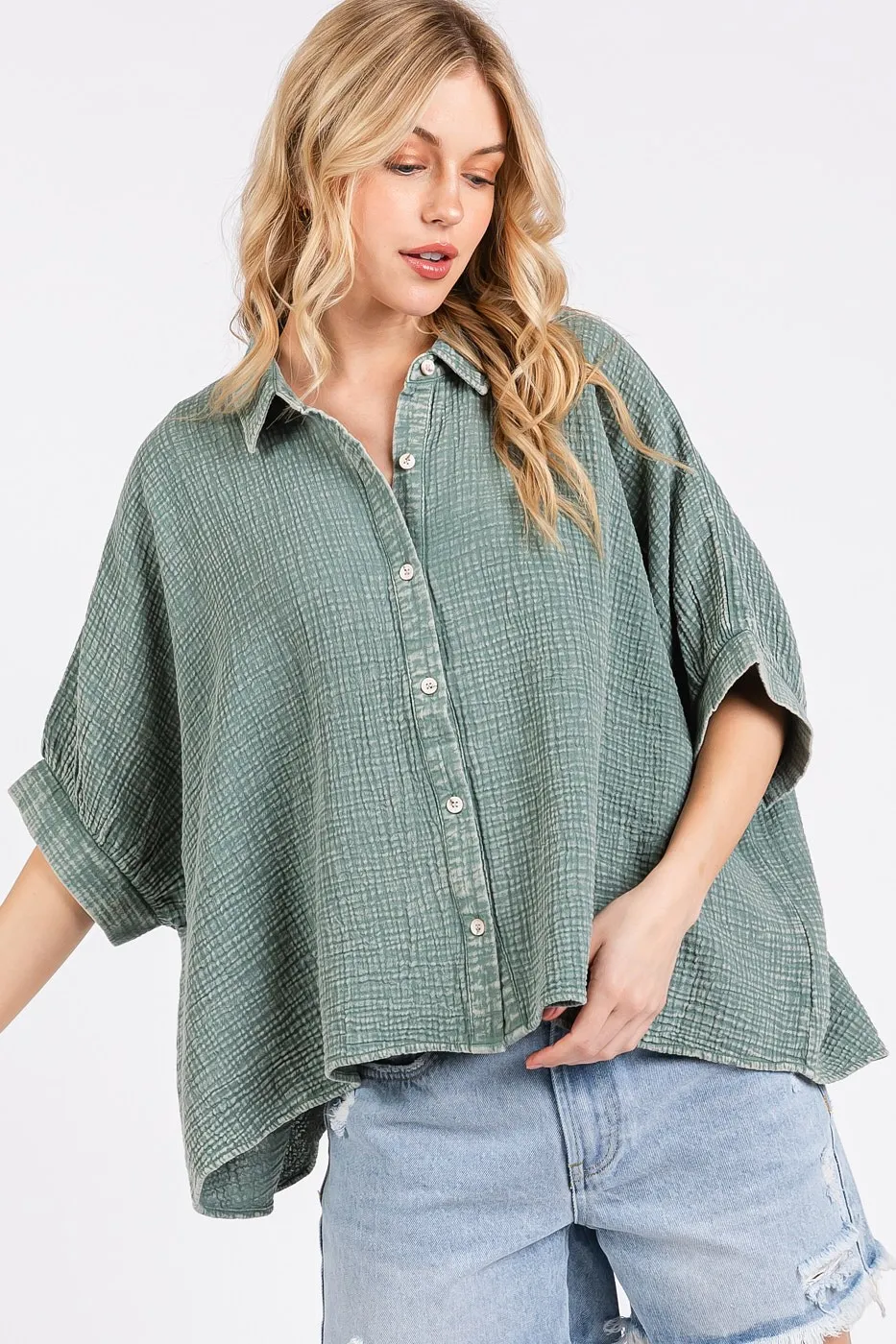 Mineral Wash Gauze Dolman Sleeve Button Down Shirt, image 3