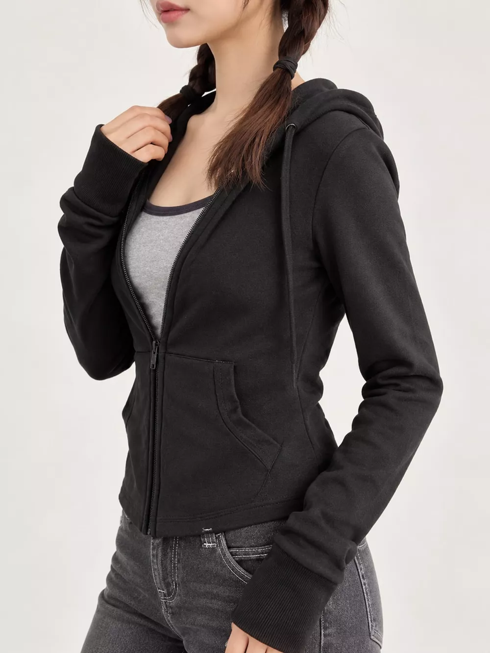 Drawstring Zip-Up Slim Fit Hoodie, image 6