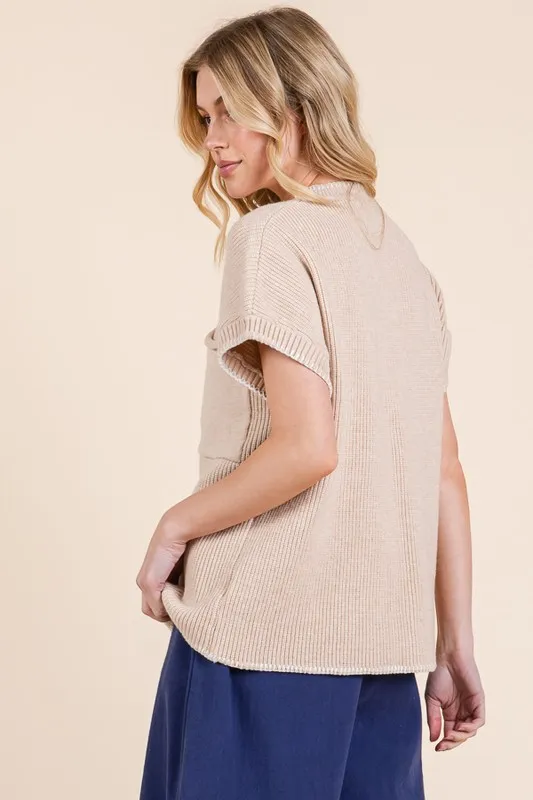 Solid Cap Sleeve Stitch Edge Knit Sweater, image 3