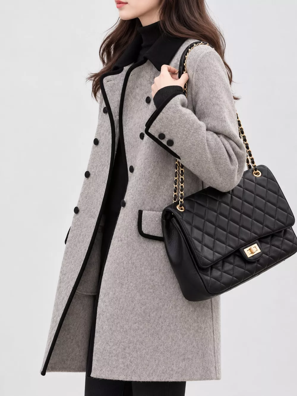 Plus Size Double-Breasted Coat with Contrast Trim, image 4