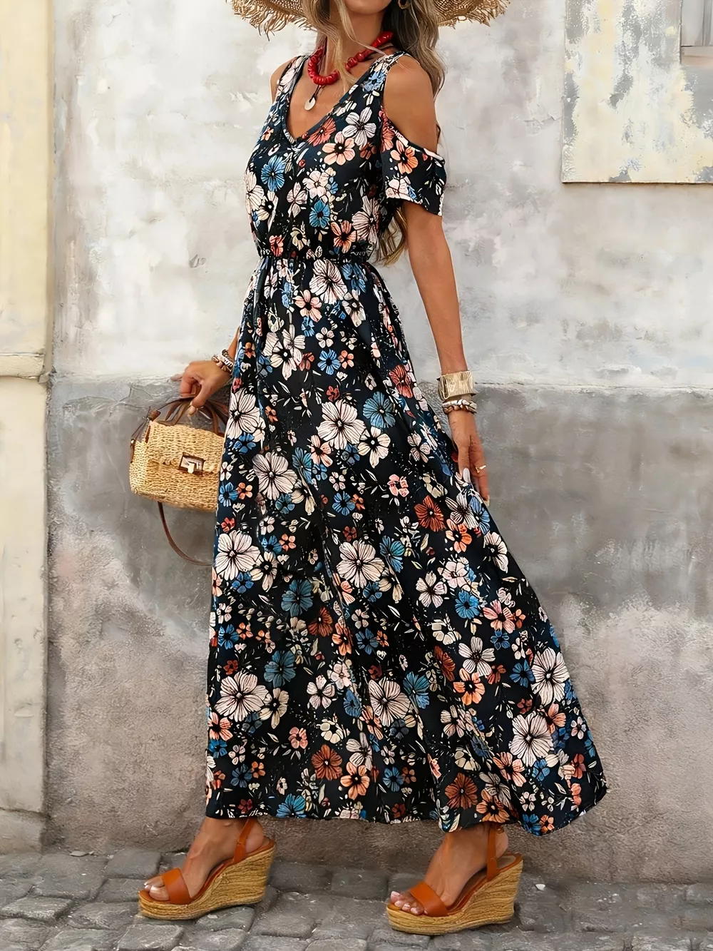 Cold Shoulder Floral Print Maxi Dress, image 3