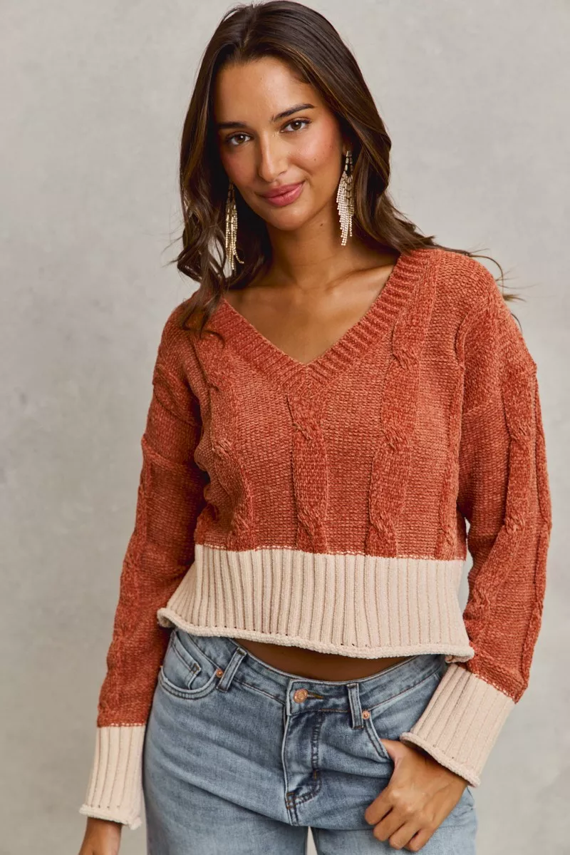 Chenille Cable Knit V Neck Contrast Cropped Sweater, image 10